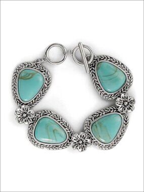 Oxidized Silver-Tone Turquoise Bracelet with Flower Pendants and Toggle Clasp